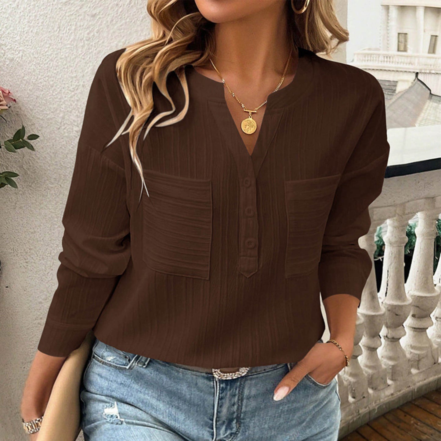 Women's Shirt V-neck Temperament Leisure Solid Color Pullover