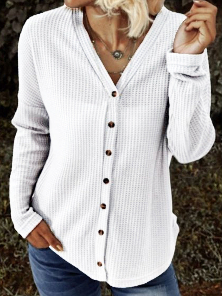 Women's Casual Loose Retro Long-sleeved Button Cardigan V-neck Solid Color Hollow Pattern Jacket