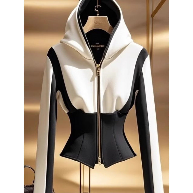 Spring Unique Temperament Hoodie High-grade Black And White Contrast Color Sweatshirt Coat