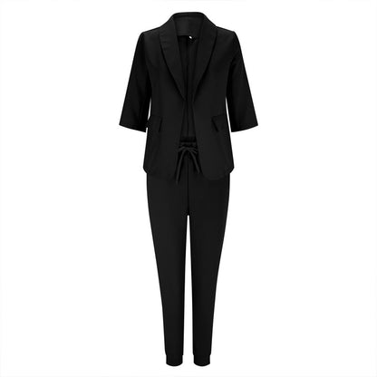 Women's Solid Color Long Sleeve Suit Set - Stylish Notch Lapel Blazer With Pockets & Drawstring Waist Pants, Spring&Fall Business Casual Outfit