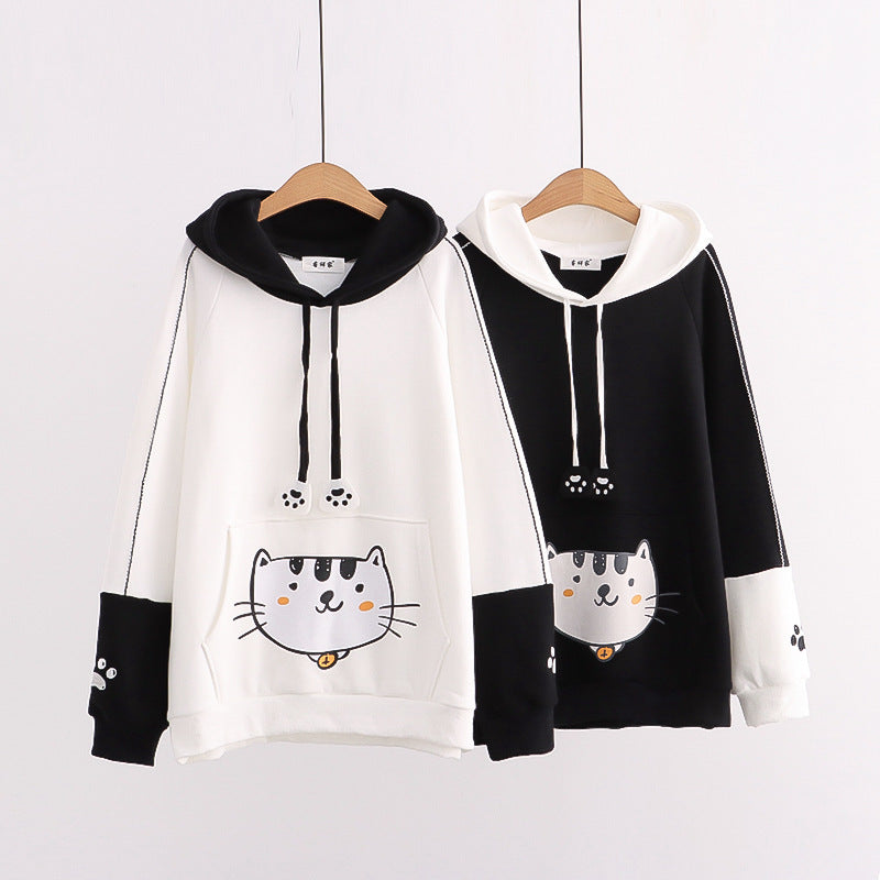 Color Matching Cap Long Sleeve Printing Cat And Fish Brushed Hoody Women's New Thickened Cotton Fleece Shirt