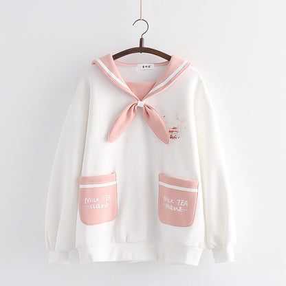 Japanese College Style Milk Tea Rabbit Sailor Collar Bow Brushed Hoody