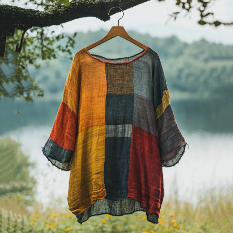 Vintage Color Block Loose Linen-Blend T-shirt