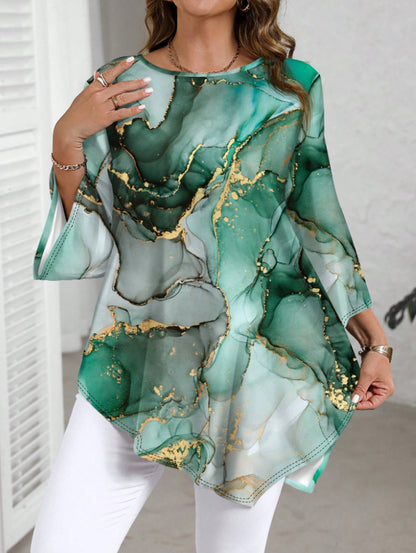 Fashion Casual All-match Marble Printed Round Neck Long Sleeve