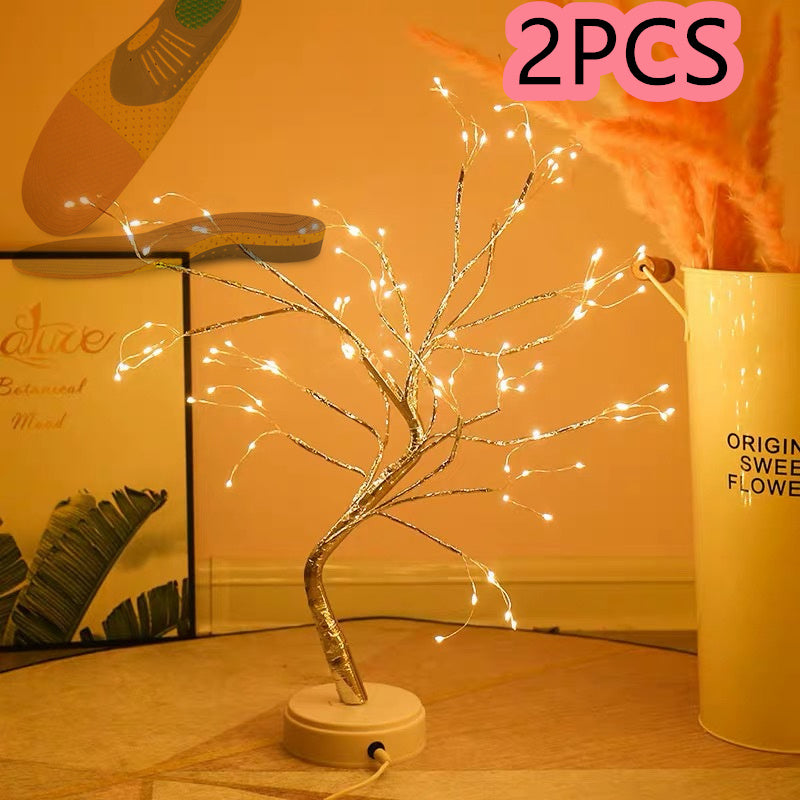Bedroom setup with glowing LED copper lights