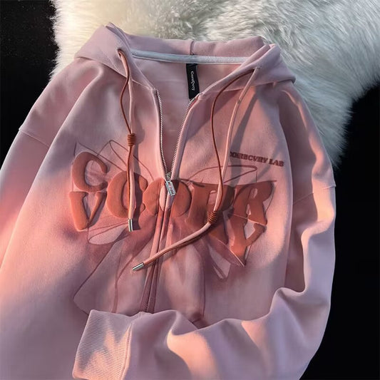 Sweet And Cool Style Bow Hooded Sweatshirt Women's Loose Cardigan Jacket Zipper Top Ins Trend