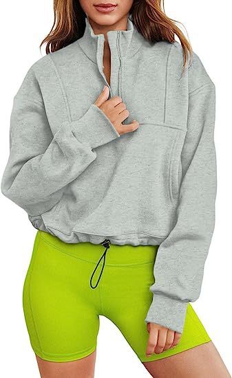 Women's Fashion Casual Stand Collar Half Zip Drawstring At Hem Brushed Hoody