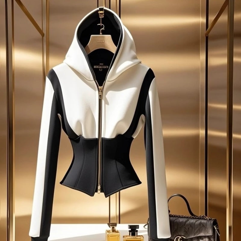 Spring Unique Temperament Hoodie High-grade Black And White Contrast Color Sweatshirt Coat