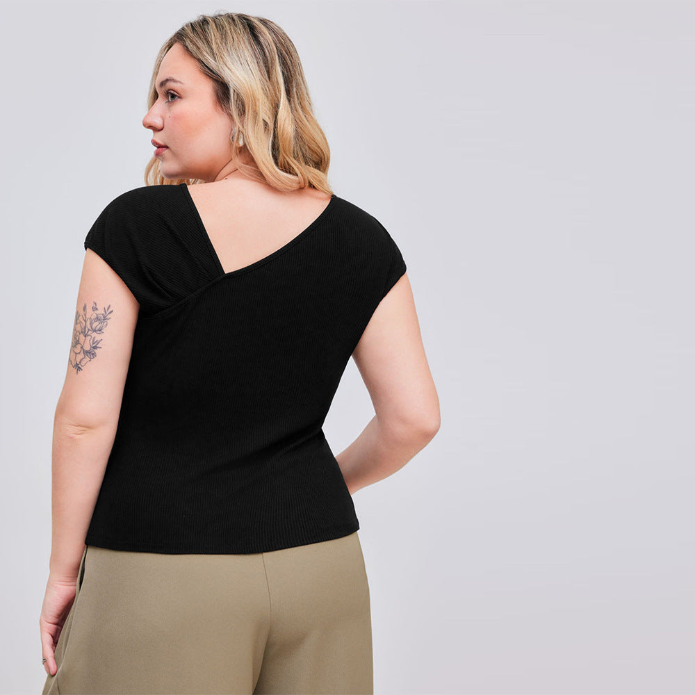 Diagonal Collar T-shirt Summer New Single-breasted Slim-fit Shoulder Top