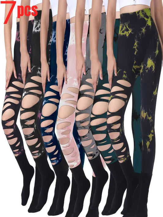7 Pack Wholesale Fashion Women Sports Yoga High Waist Tie Dye Print Ripped Hollow Leggings Pants