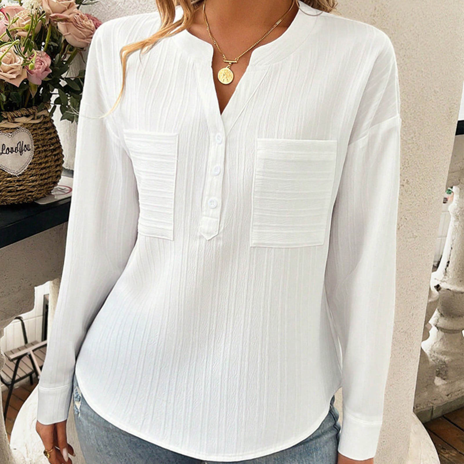 Women's Shirt V-neck Temperament Leisure Solid Color Pullover