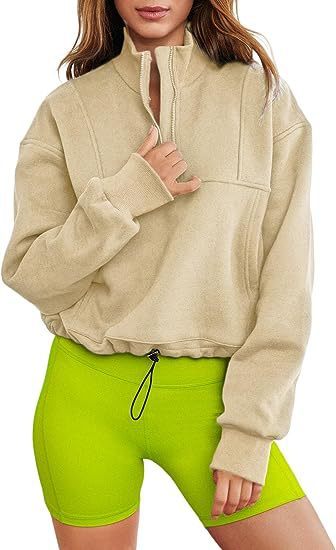 Women's Fashion Casual Stand Collar Half Zip Drawstring At Hem Brushed Hoody