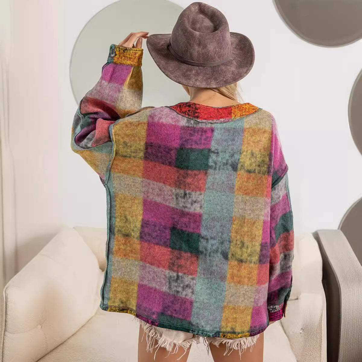 Single-breasted Long Sleeve Cardigan Color Plaid Coat