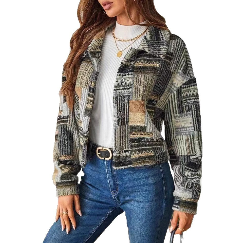Printed Double-sided Plush Button Cardigan Casual Women's Plush Coat
