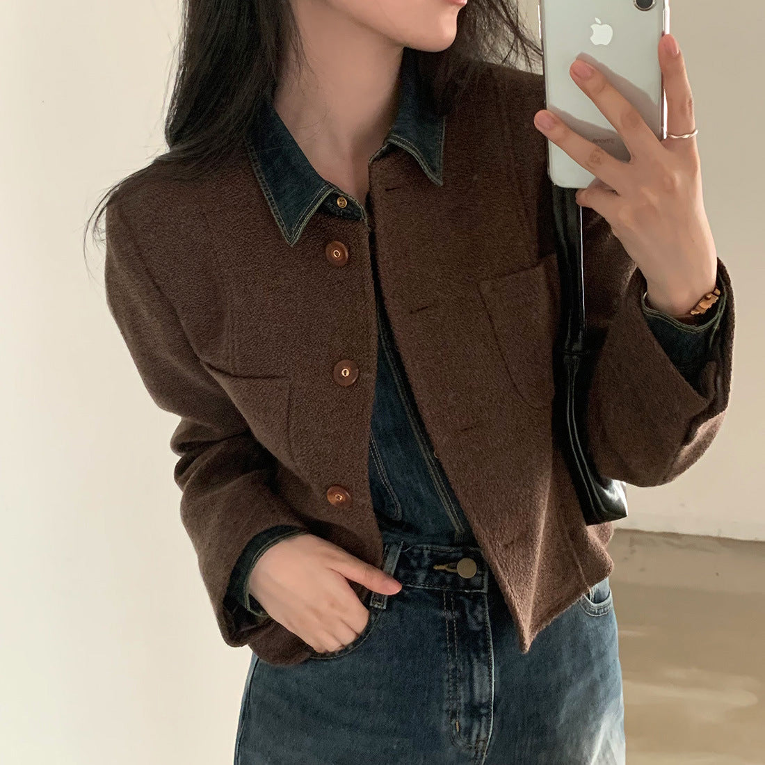 Pure Color All-matching Double Pocket Long Sleeve Coat