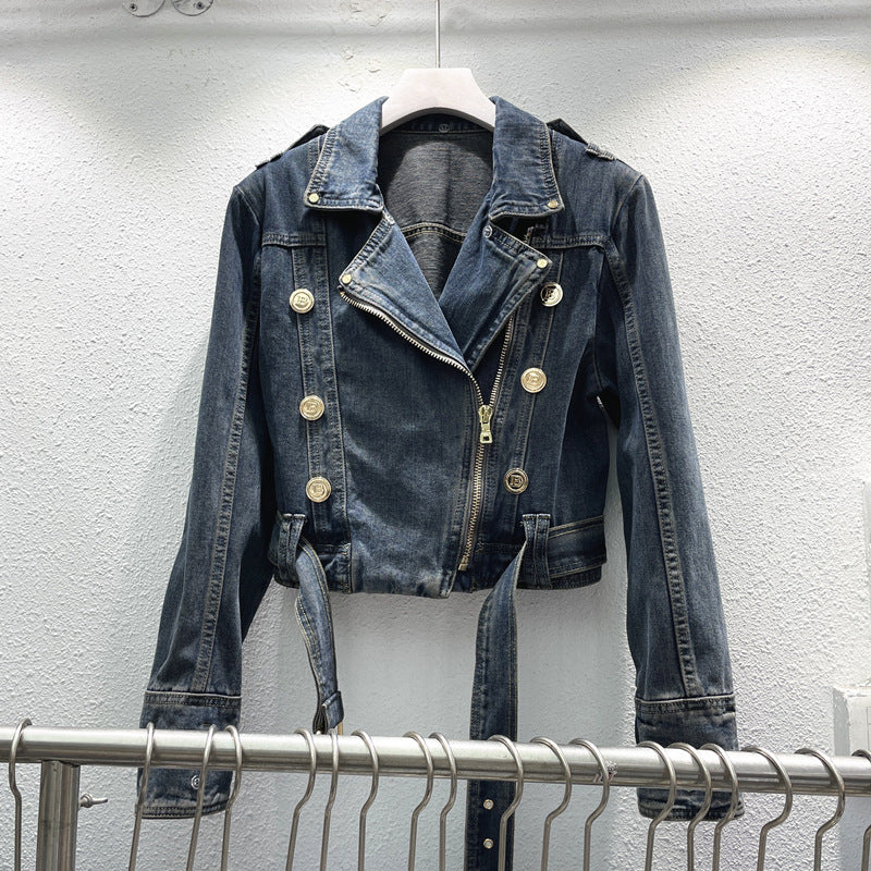 Fashion Denim Jacket Women's Retro High Waist Crop Top