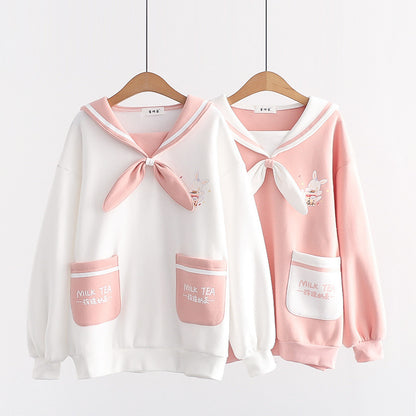 Japanese College Style Milk Tea Rabbit Sailor Collar Bow Brushed Hoody