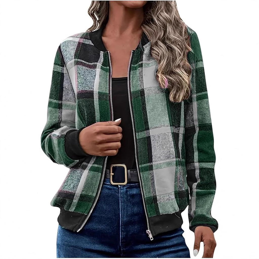 Temperament Commute Women's Plaid Zipper Baseball Uniform
