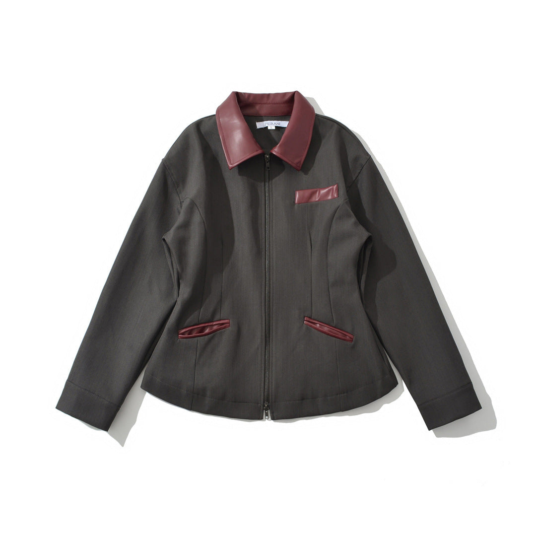 Retro Lapels Contrast Color Waist-tight Motorcycle Slim-fit Leather Coat Zipper Jacket