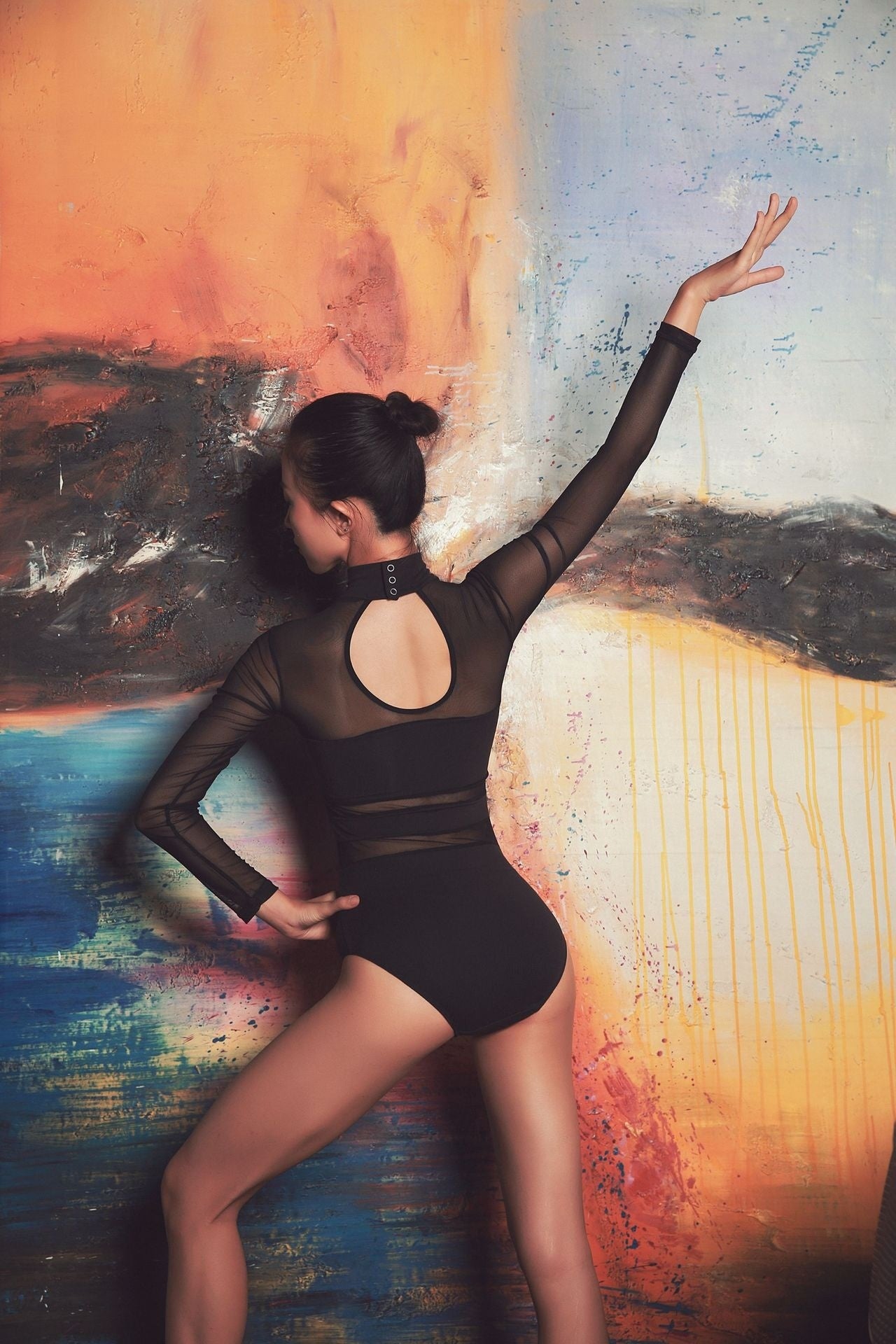 One-piece Ballet Dance Wear Mesh Splicing Tape Chest Pad Aerial Yoga Clothes For Women