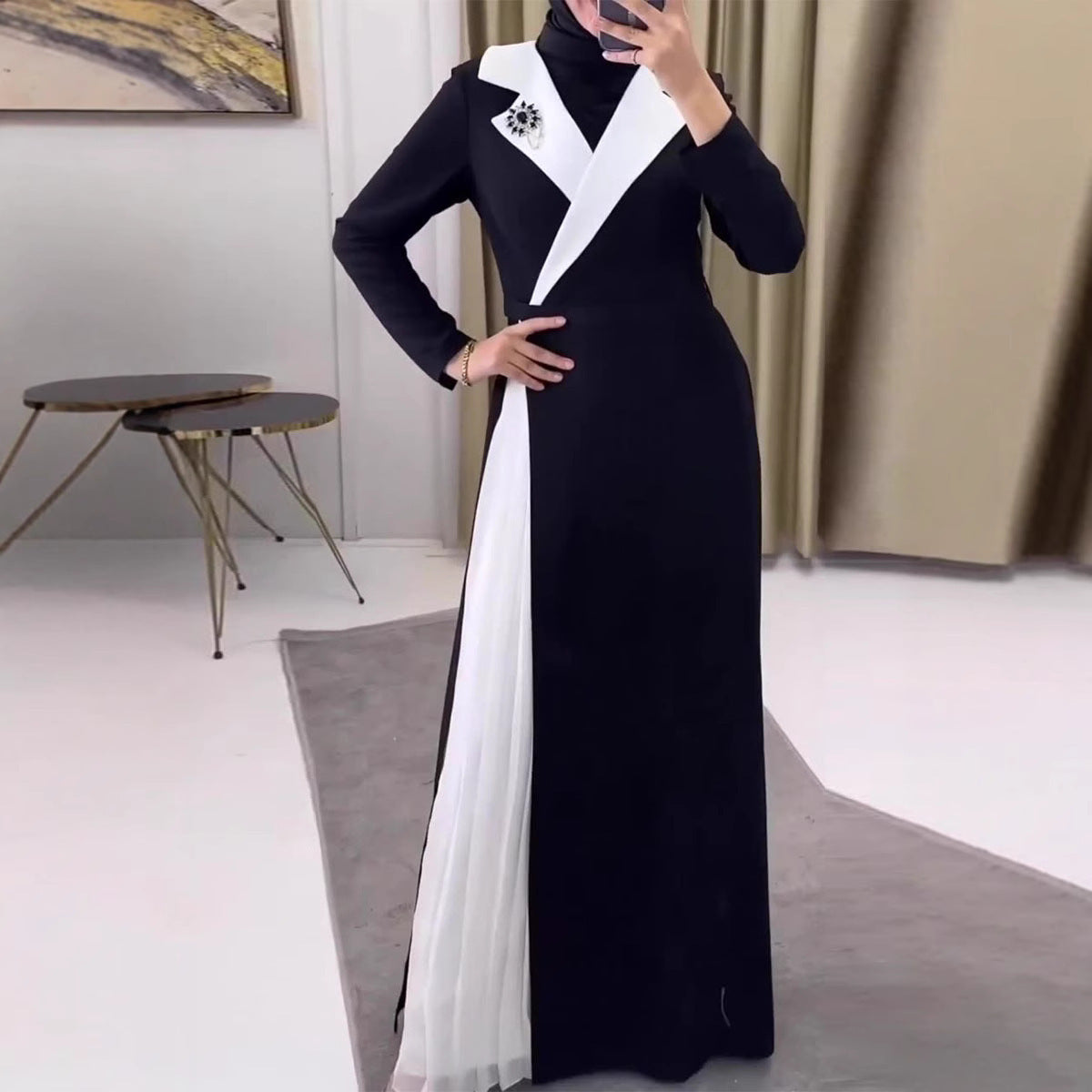 Women Fashion Color Contrast Stitching Pleated Dubai Robe Dress Female