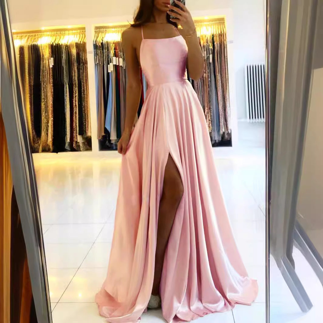 Amazon Long European And American Style Dress Slim Strap Back-to-back Dress High Slit Dance Host Dress