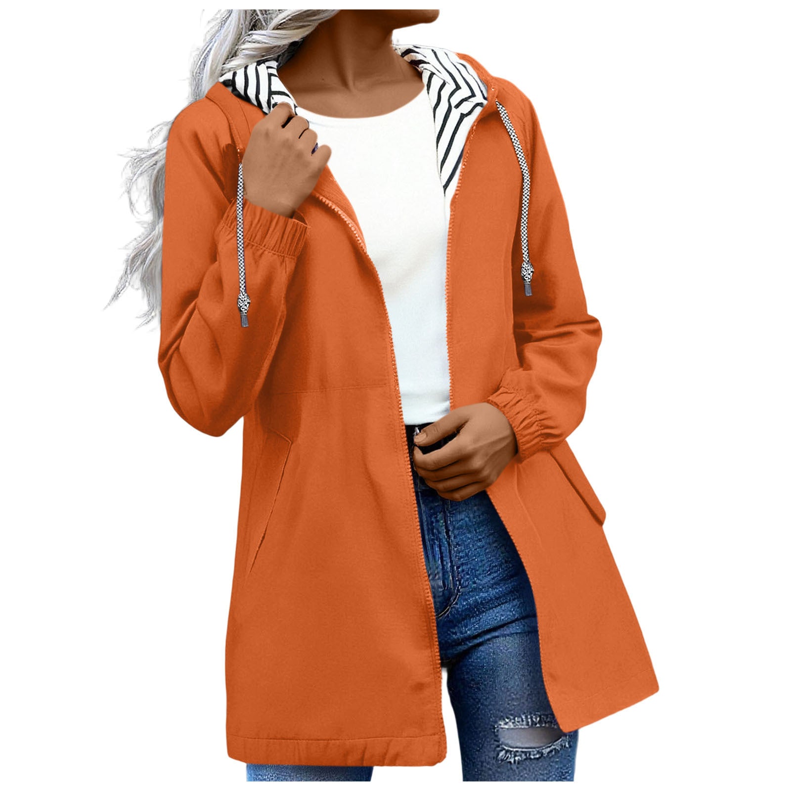 Long-sleeved Splash-proof Long Windbreaker For Women With Hooded Raincoat, Large Size, Striped Lining