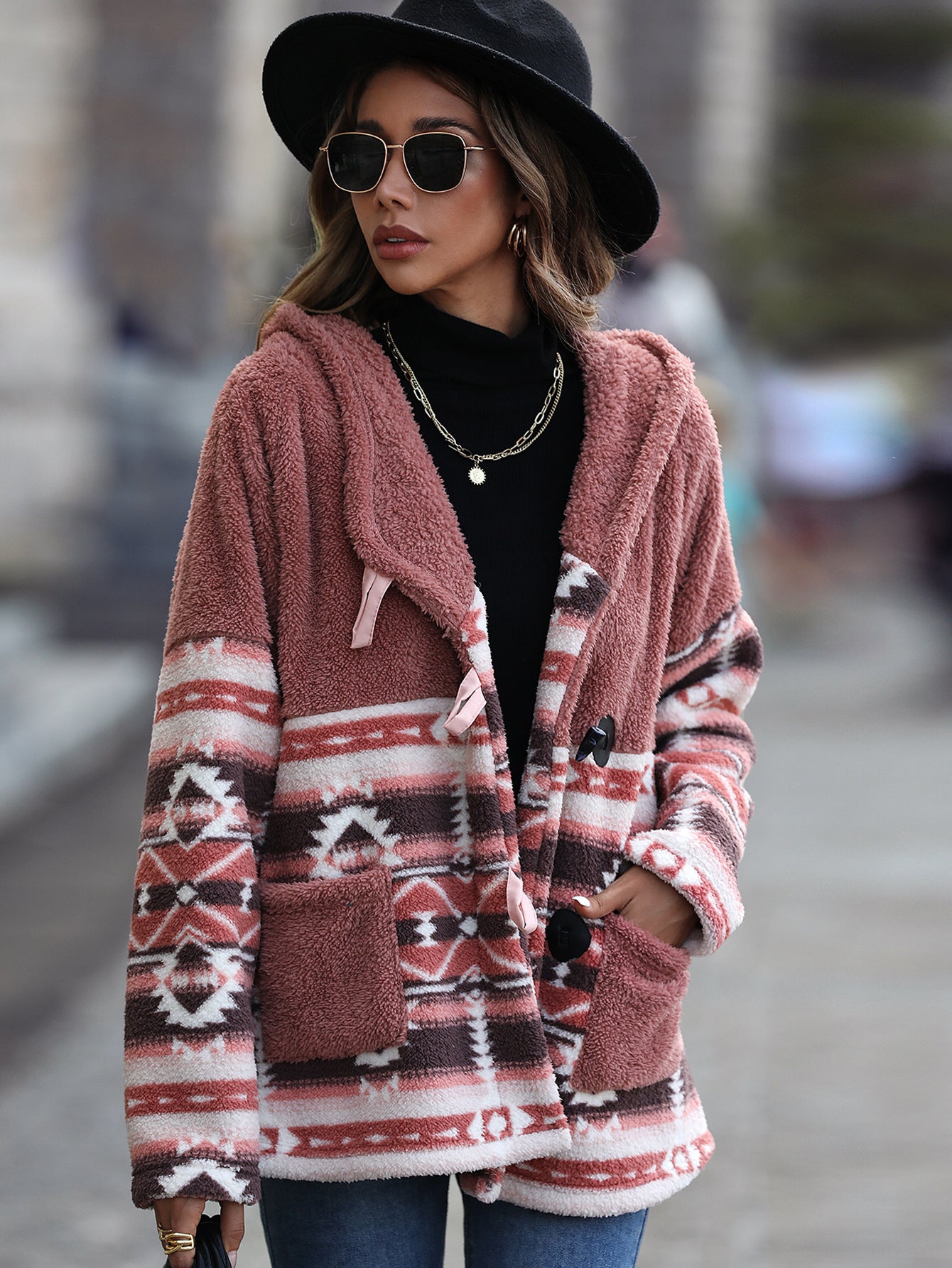 New Casual Women's Hooded Long-sleeve Geometric Horn Button Jacket