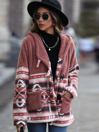 New Casual Women's Hooded Long-sleeve Geometric Horn Button Jacket