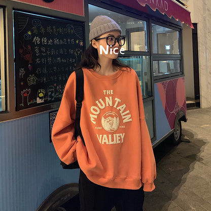 Loose Long Sleeve Letter Puff Print Brushed Hoody