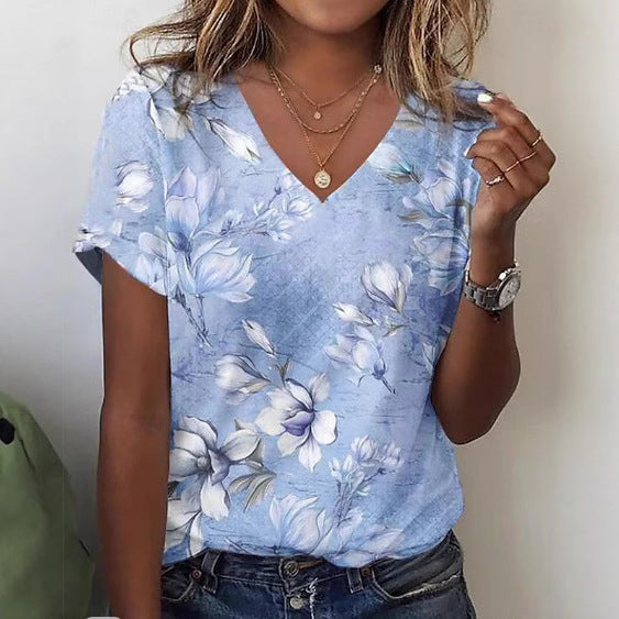 Printed Fashion New Floral V-neck Short-sleeved T-shirt