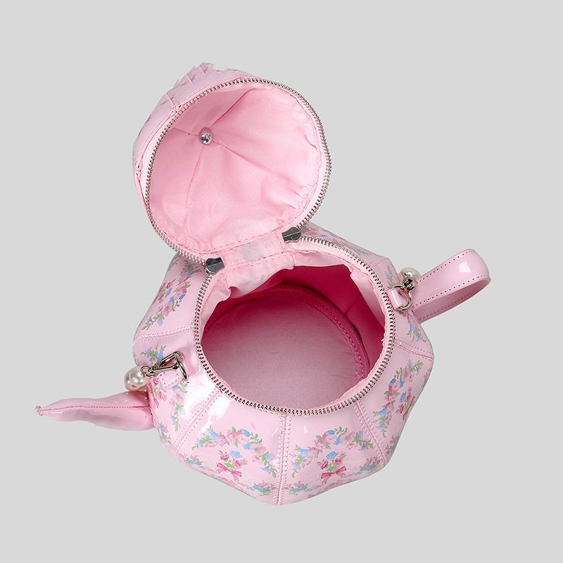 Sweet Girl Vintage Pearl Chain Printing Teapot Handbag