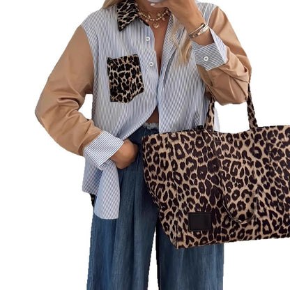 Women's Loose Leopard Print Patchwork Stripes Shirt