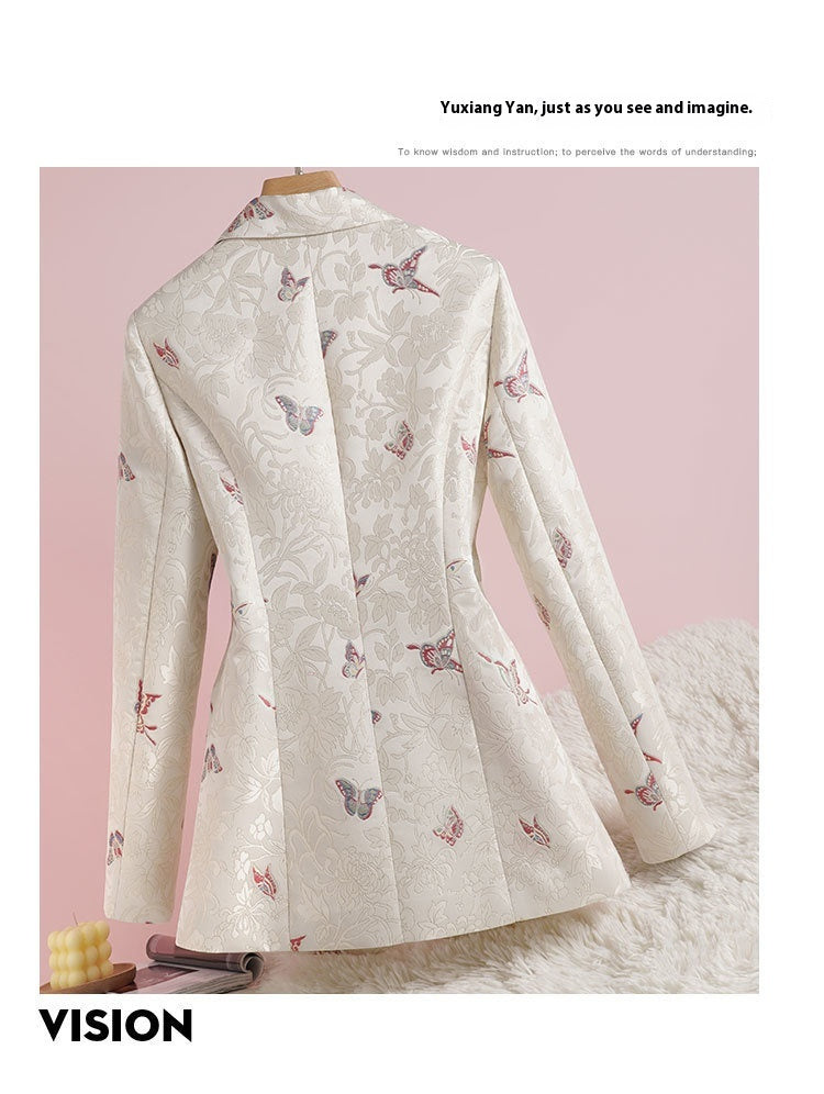 Women's Apricot Waist-tight Design National Style Printed Suit Jacket