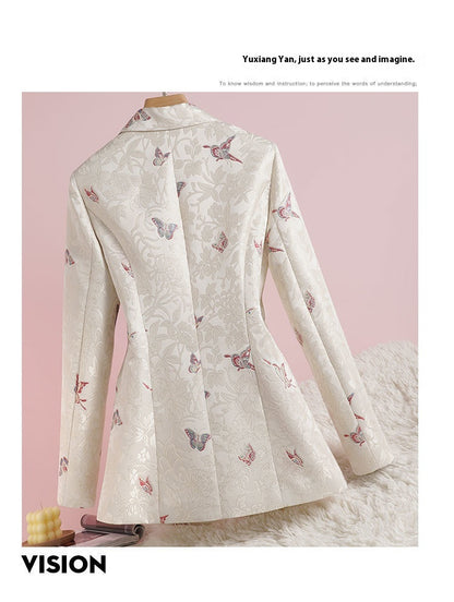 Women's Apricot Waist-tight Design National Style Printed Suit Jacket