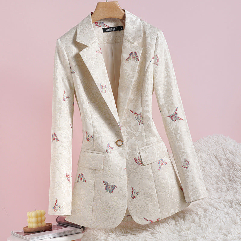 Women's Apricot Waist-tight Design National Style Printed Suit Jacket