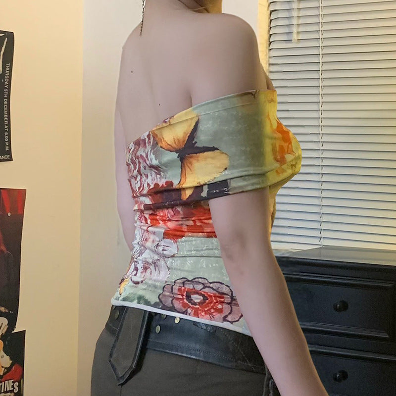 Fashion Sexy Slim Retro Floral Contrast Color Off-neck Short Sleeve T-shirt