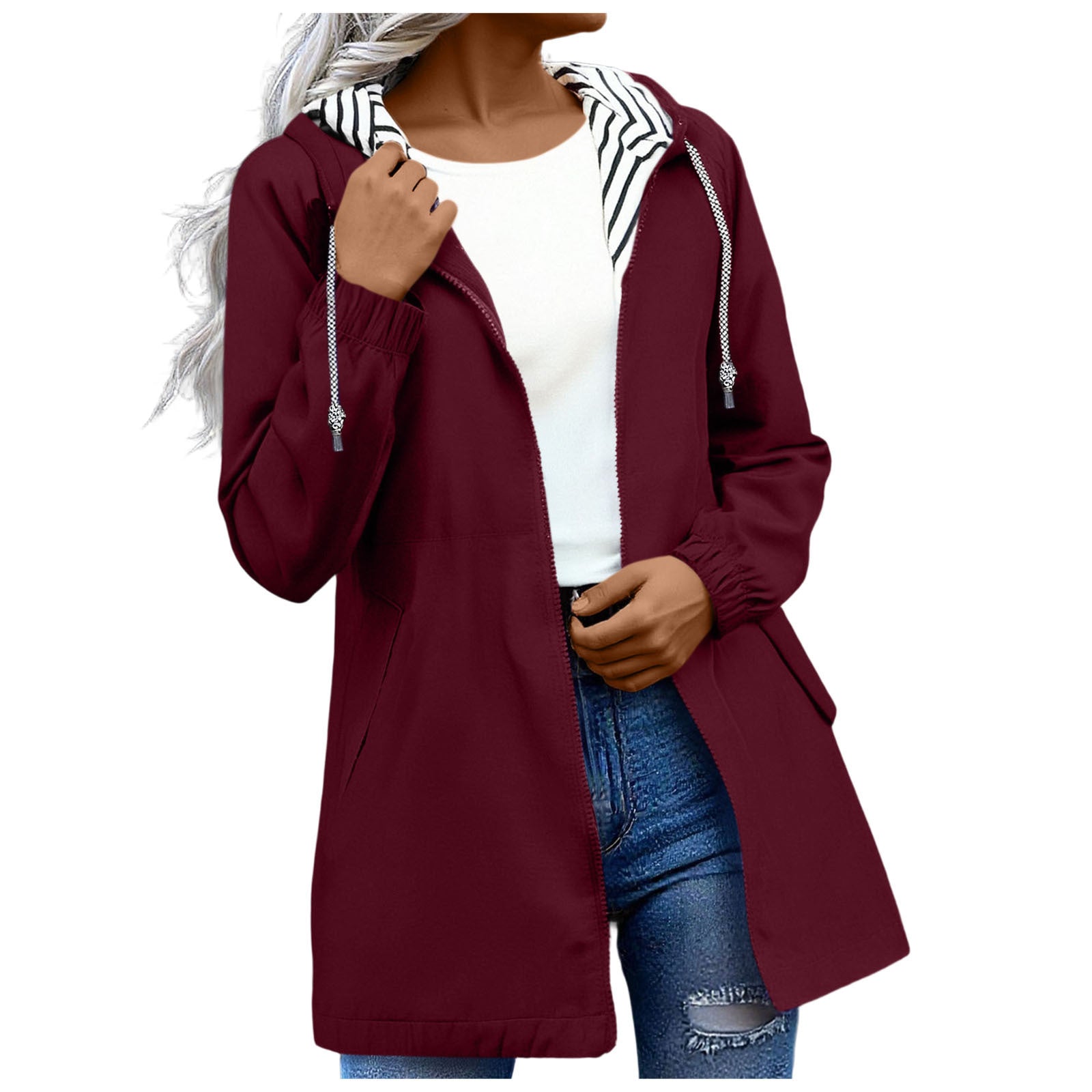 Long-sleeved Splash-proof Long Windbreaker For Women With Hooded Raincoat, Large Size, Striped Lining