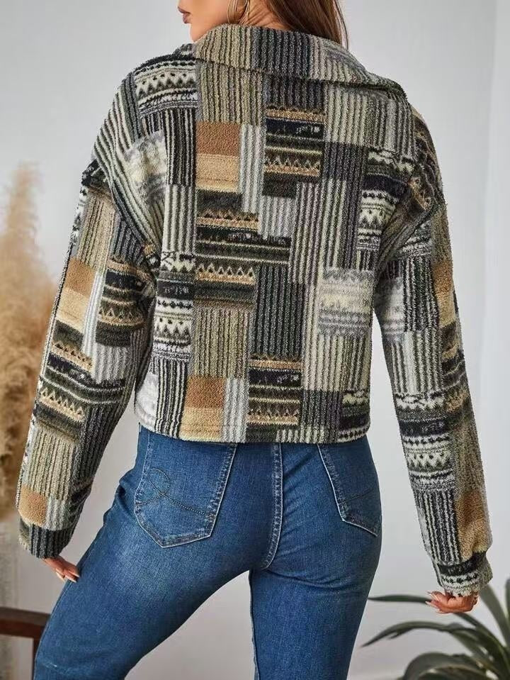 Printed Double-sided Plush Button Cardigan Casual Women's Plush Coat