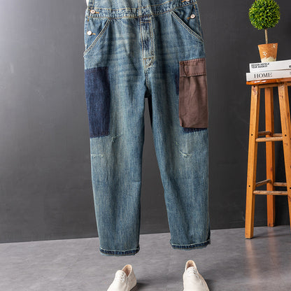 Men's And Women's Contrast Color Overalls Suspender Pants