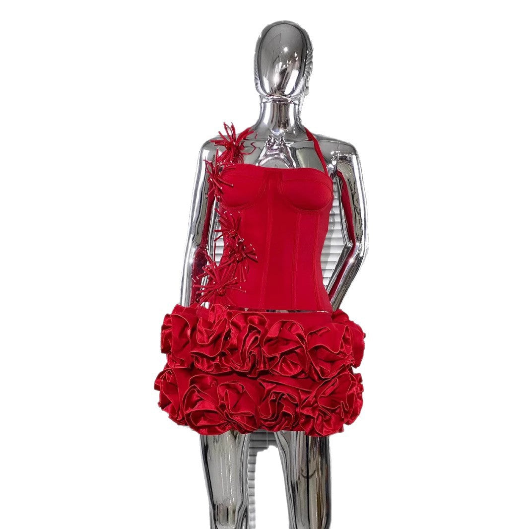 Bandage Vest Flower Evening Dress Two-piece Suit