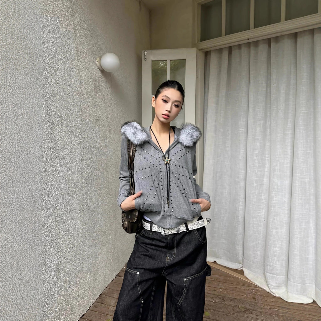 Women's Casual Loose Retro M Fur Collar Hood Bathroom Coat