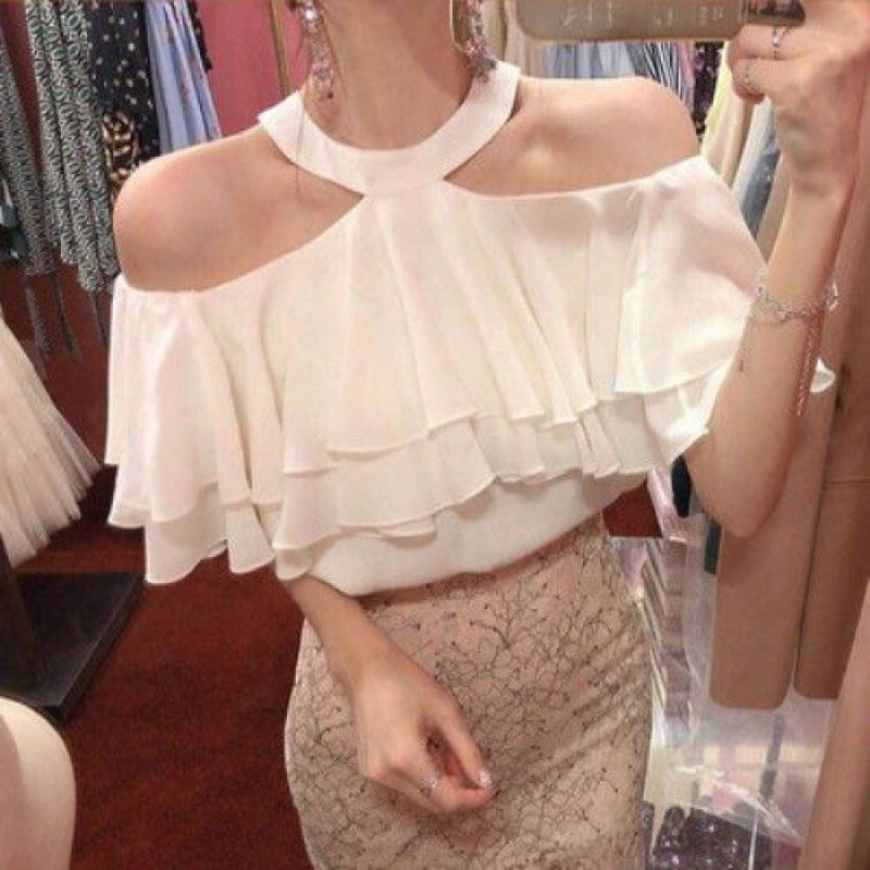Summer New Elegant Halter Off-shoulder Ruffled Off-the-shoulder Top