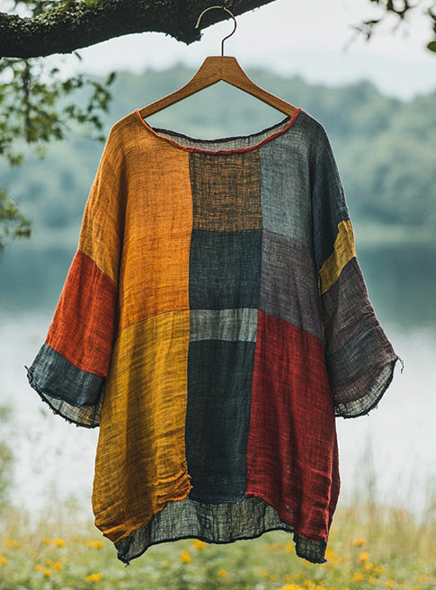 Vintage Color Block Loose Linen-Blend T-shirt