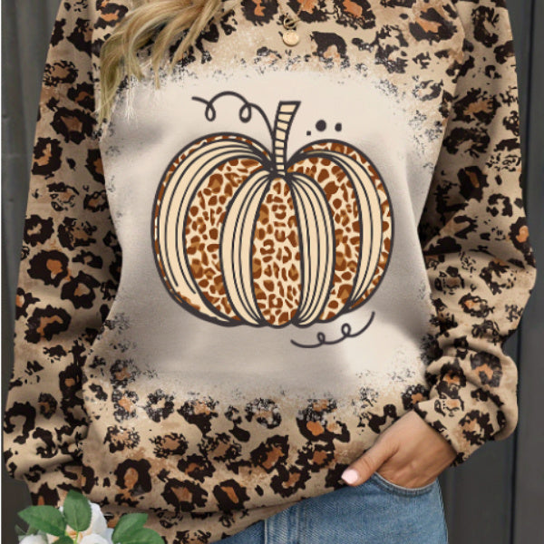 Brown Bleached Halloween Pumpkin Leopard Print Sweatshirt