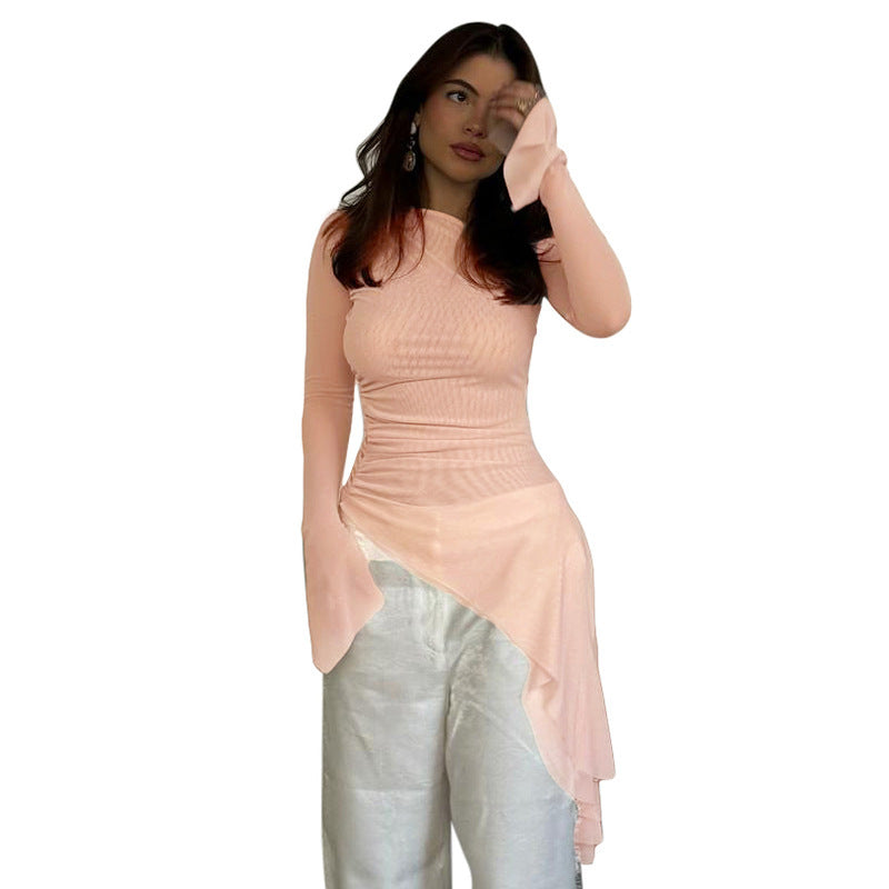 Women's Solid Color Diagonal Collar Beveled Hem Long Sleeve Top