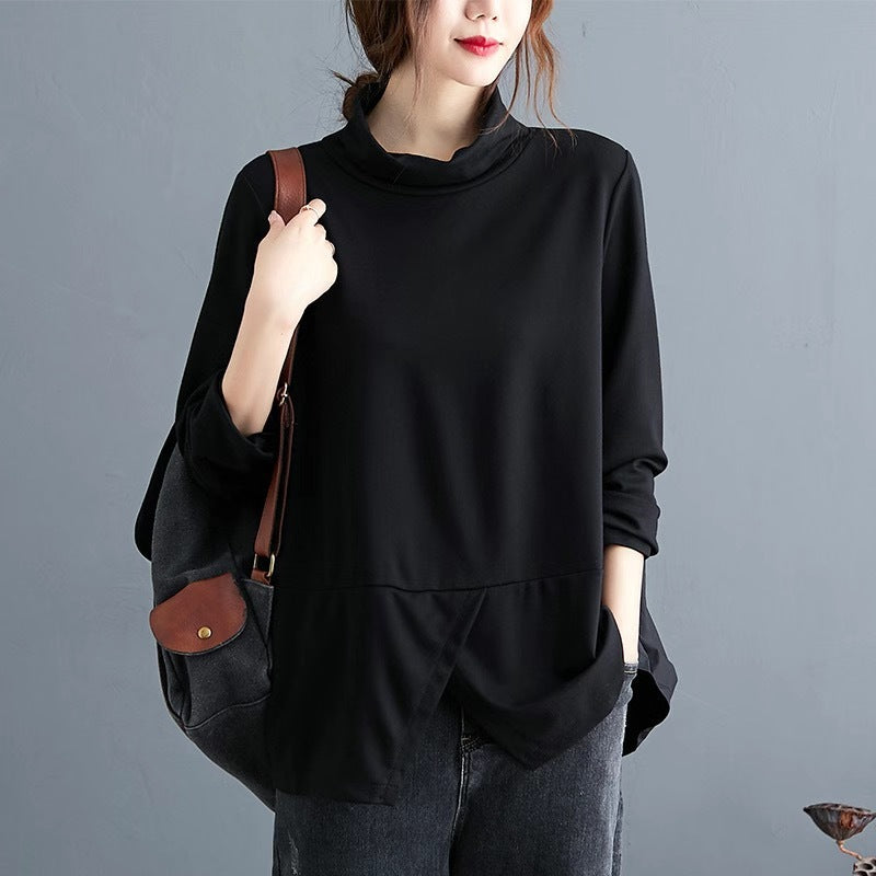 Retro Casual Patchwork Loose Long-sleeved T-shirt Turtleneck Bottoming Shirt