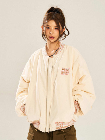 Ethnic Jacquard Stitching Thick Quilted Couple Baseball Uniform Jacket