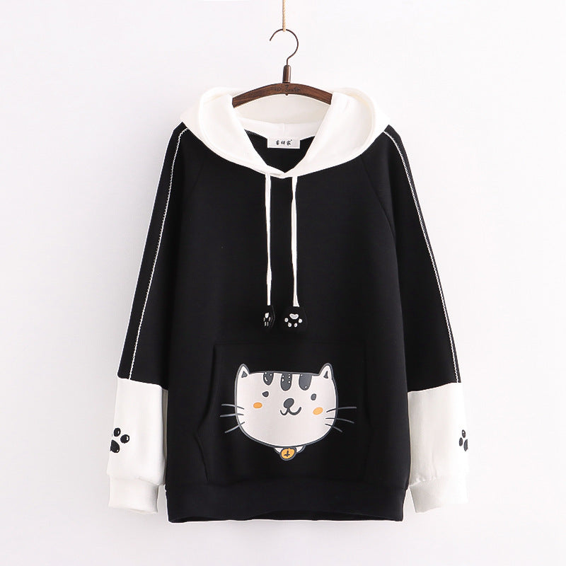 Color Matching Cap Long Sleeve Printing Cat And Fish Brushed Hoody Women's New Thickened Cotton Fleece Shirt