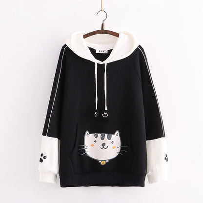 Color Matching Cap Long Sleeve Printing Cat And Fish Brushed Hoody Women's New Thickened Cotton Fleece Shirt